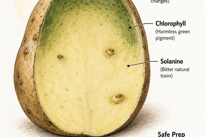 Cross-section illustration of a green potato showing sun exposure, chlorophyll, and solanine layers with a paring knife cutting away the green skin.