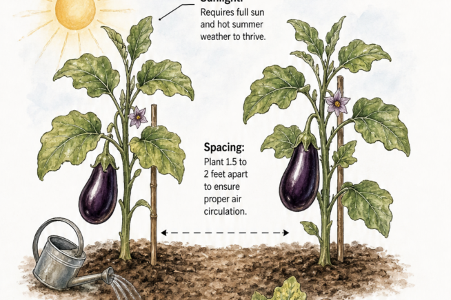 Illustration of two healthy eggplant plants growing in a garden bed, highlighting proper sunlight, spacing, watering, and daily care.