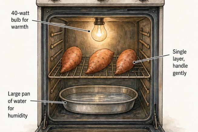 Diagram of a home oven setup for curing sweet potatoes, using a 40-watt bulb for warmth and a pan of water for humidity.