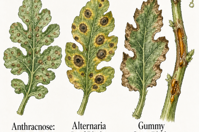 Detailed illustration comparing watermelon leaves infected with Anthracnose, Alternaria Leaf Blight, and Gummy Stem Blight.