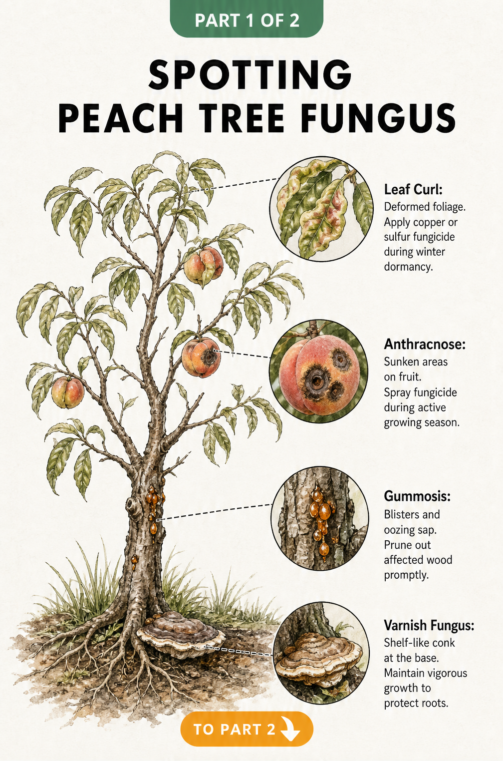 Botanical illustration of a peach tree showing symptoms of leaf curl, anthracnose, gummosis, and varnish fungus.