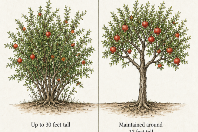 Illustration comparing a natural pomegranate shrub form with a pruned orchard tree form.
