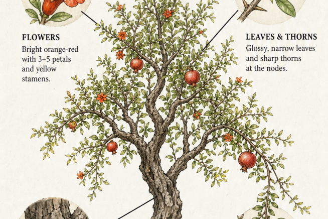 Botanical illustration of a pomegranate tree showing close-ups of the flower, leaves, bark, and fruit.