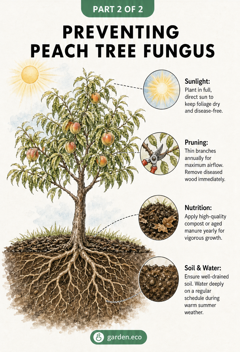 Cross-section illustration of a healthy peach tree showing ideal sunlight, pruning, nutrition, and soil conditions.