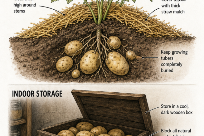 Illustration showing how to protect potatoes from sunlight by mounding soil and straw in the garden, and storing them in a dark wooden box indoors.