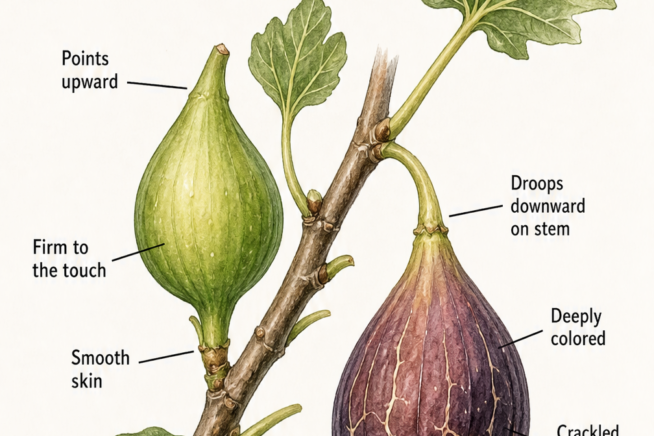 Botanical illustration comparing an unripe fig pointing upward with a ripe fig drooping downward on the stem