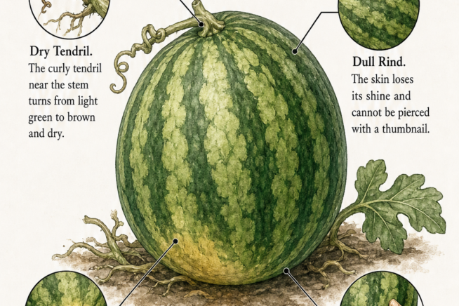 Detailed illustration of a ripe watermelon highlighting four key signs of ripeness: dry tendril, dull rind, yellow field spot, and heavy weight