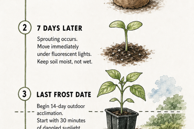 Timeline showing how to start banana pepper seeds indoors 8 to 12 weeks before the last frost and transplanting them outdoors.