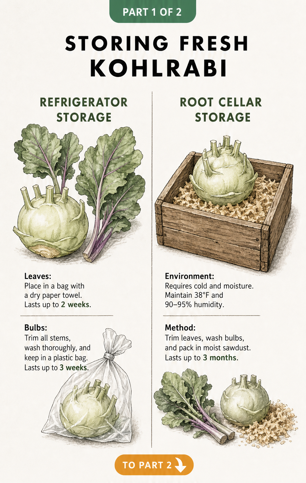 Illustration showing how to store kohlrabi in the refrigerator and root cellar