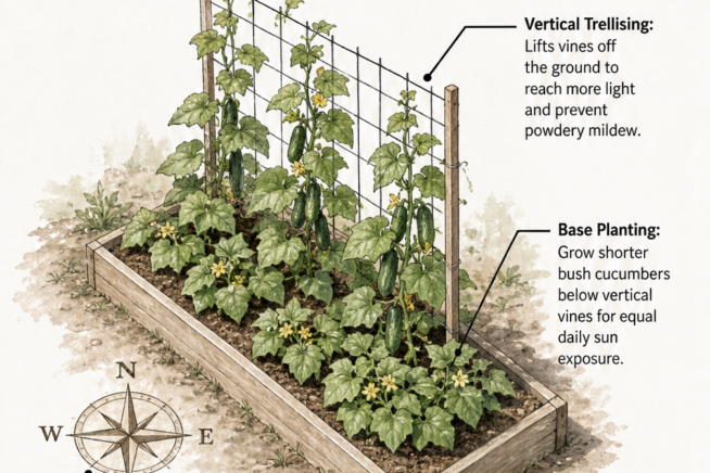 Isometric illustration of a garden bed showing cucumbers growing on a vertical trellis along a north-south axis with bush varieties at the base.