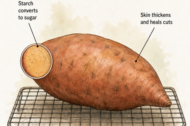 Illustration of a sweet potato on a wire rack showing ideal curing conditions: 80 to 90 degrees Fahrenheit, 90 to 95 percent humidity, and 4 to 7 days.