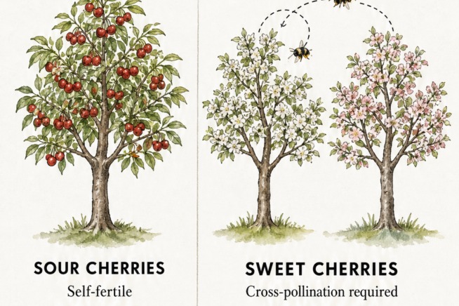 Illustration comparing self-fertile sour cherry trees with sweet cherry trees that require cross-pollination, listing self-fertile sweet exceptions.