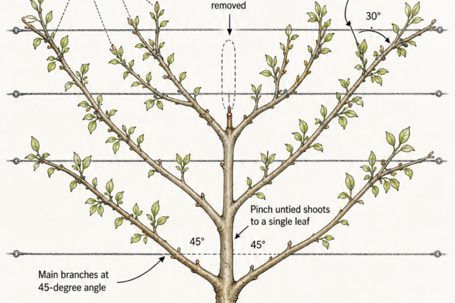 Detailed diagram showing how to prune and train a young quince tree into a fan espalier shape.