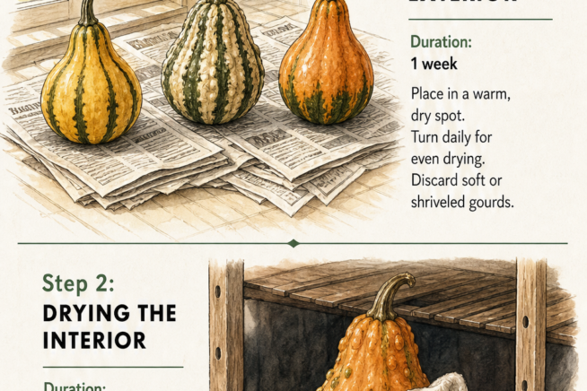 Botanical illustration demonstrating the two-step process for curing gourds: drying the exterior in a sunny room and drying the interior in a dark, ventilated...