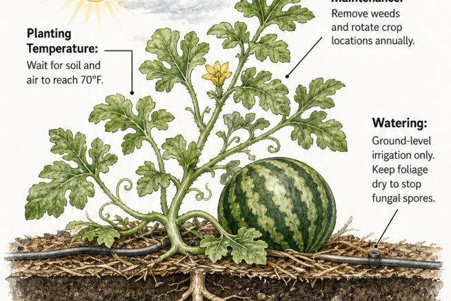 Botanical illustration showing ideal watermelon growing conditions including soil pH, temperature, and watering methods to prevent disease.