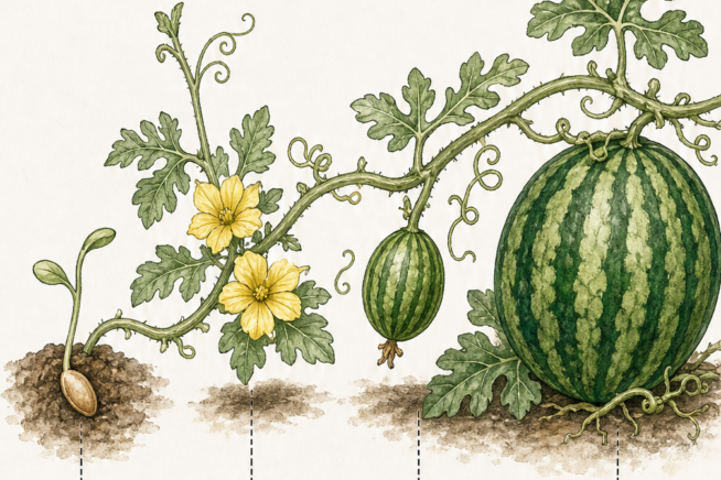 Botanical illustration showing the four growth stages of a watermelon vine from seed germination to harvest time