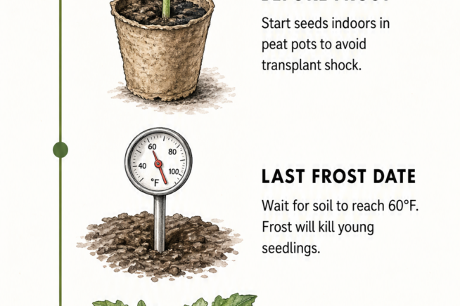 A hand-drawn botanical timeline showing the zucchini spring planting schedule, including starting seeds indoors, checking soil temperature, and transplanting...