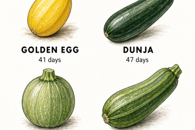 Botanical illustrations of four zucchini varieties comparing their appearance and days to harvest, including Golden Egg, Dunja, Round De Nice, and Fordhook.