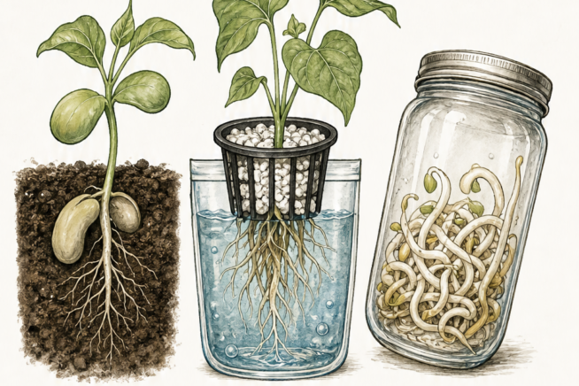 Cross-section illustration showing beans growing in garden soil, a hydroponic perlite system, and a sprouting jar