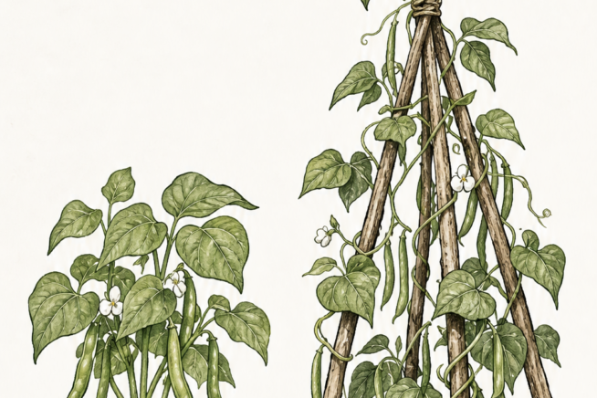 Illustration comparing bush beans with stiff stems and pole beans climbing a wooden teepee trellis