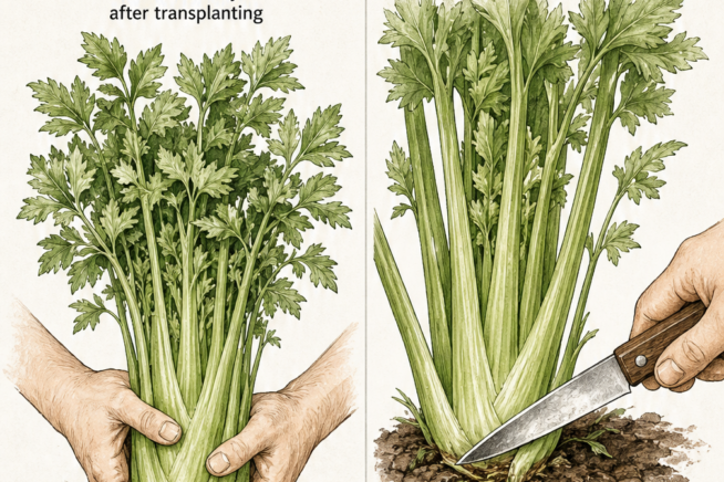 Illustration showing two methods for harvesting celery: pulling the whole plant from the base and cutting outer stalks with a knife.
