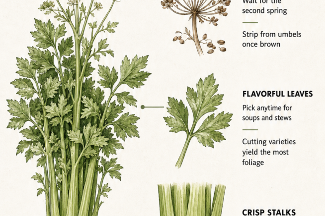 Botanical illustration of a celery plant highlighting the harvest stages for crisp stalks, flavorful leaves, and culinary seeds.