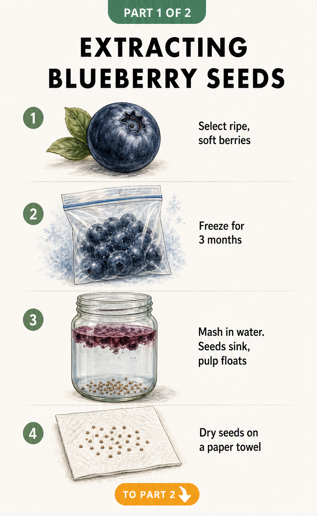Four steps to extract blueberry seeds: selecting ripe berries, freezing for 3 months, mashing in water to separate seeds, and drying on a paper towel.