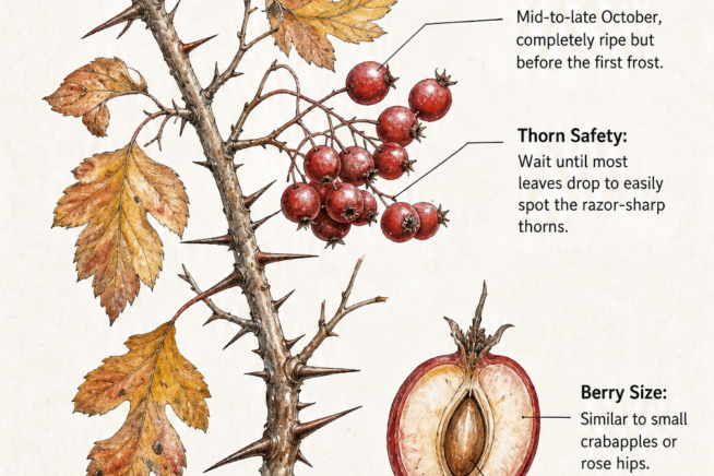 Botanical illustration of a hawthorn branch with red berries, sharp thorns, and a cross-section showing the large seed.