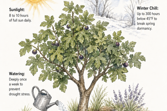 Illustration of a fig tree showing the ideal conditions for ripe figs, including sunlight, winter chill, watering, and soil.