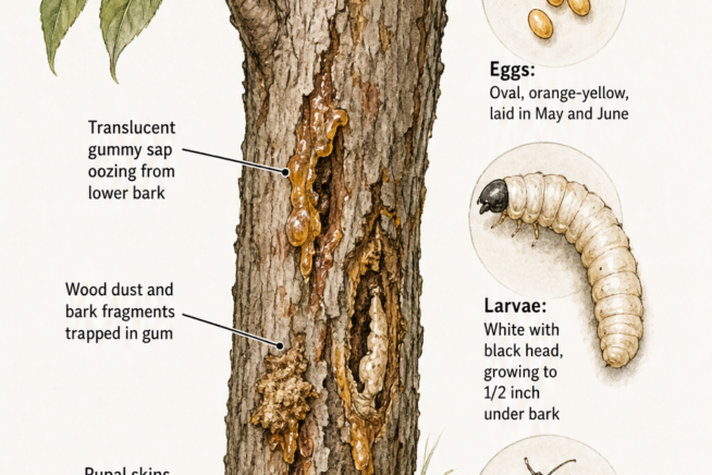Illustration of a peach tree trunk showing signs of peach tree borer damage, including gummy sap, wood dust, and pupal skins, with details of eggs, larvae, and...