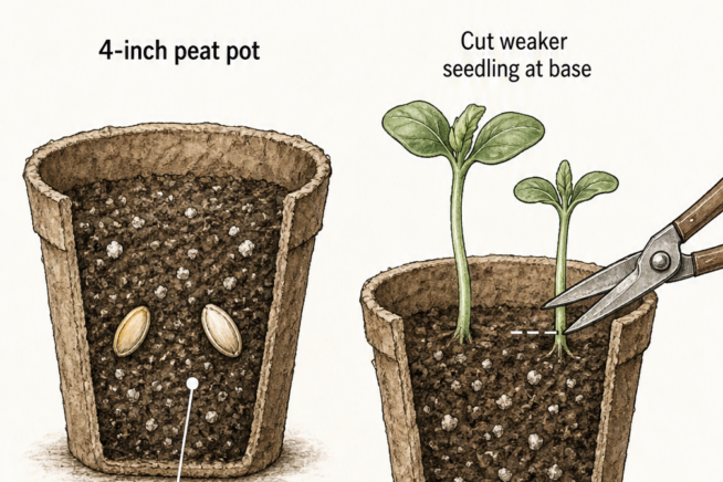 Botanical sketch showing how to start cucumber seeds indoors in a peat pot with the right soil mix and how to thin seedlings.