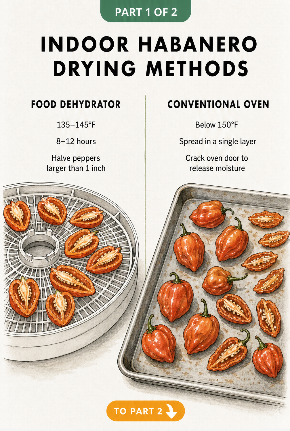 Illustration showing how to dry habanero peppers indoors using a food dehydrator or a conventional oven.