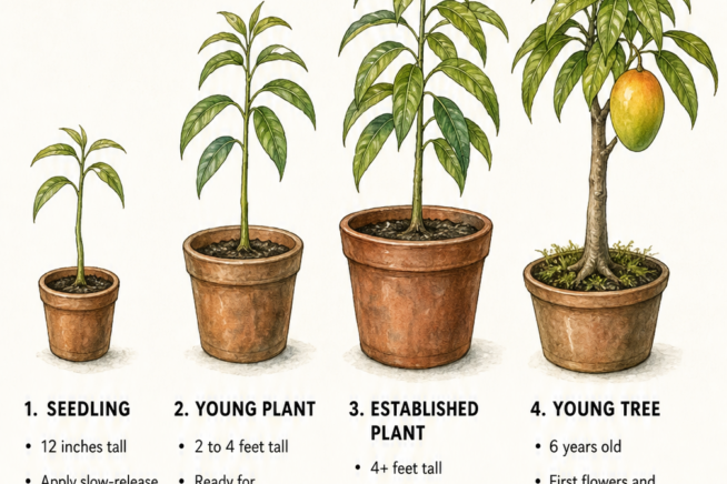 Four growth stages of a mango seedling from a small pot to a young fruit-bearing tree