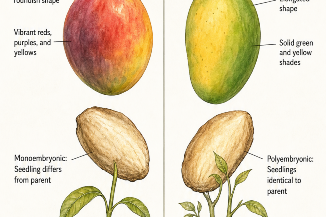 Botanical illustration comparing Indian and Indochinese mango fruits, seeds, and seedlings