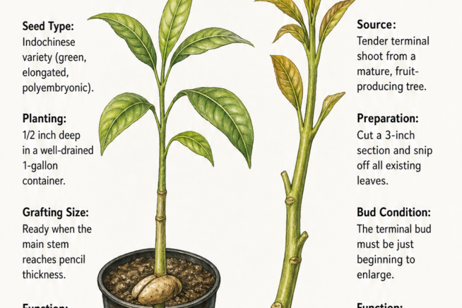 Botanical illustration showing a mango rootstock seedling in a pot and a freshly cut mango scion branch with text explaining their functions.