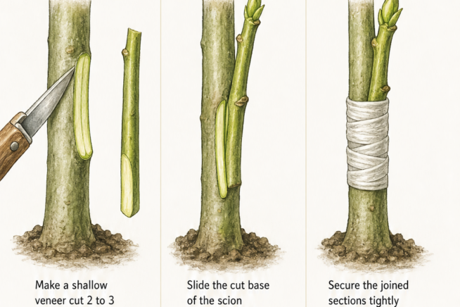 Step-by-step illustration of a mango tree veneer graft showing the cut, the join, and the wrap with grafting tape.