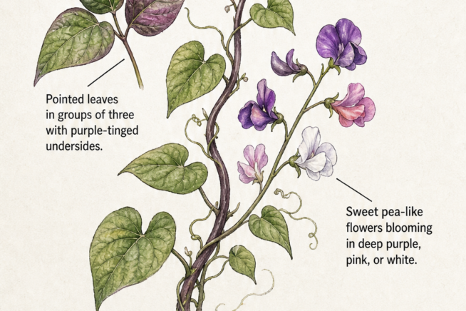 Botanical illustration of ornamental bean vine features including pointed leaves, purple flowers, and color-changing pods