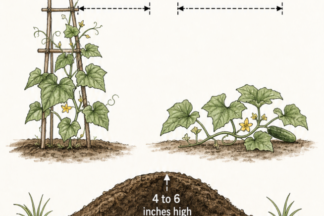 Cross-section illustration showing outdoor cucumber seed spacing, planting depth, and row distances for trellised and sprawling plants.