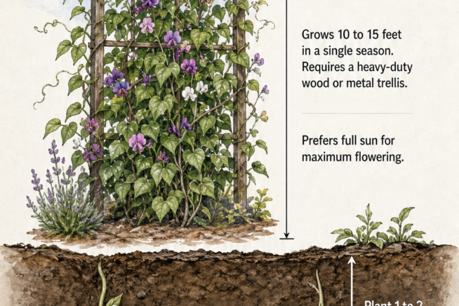 Diagram showing how to plant a bean vine, including trellis height, seed spacing, and planting depth