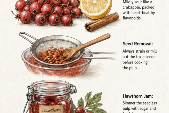 Illustration of fresh hawthorn berries, lemon, cinnamon, a jar of jam, and rolled fruit leather.