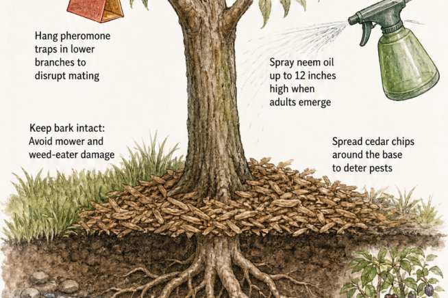 Illustration of a healthy peach tree showing preventive measures against borers, such as hanging pheromone traps, spraying neem oil, and spreading cedar chips.