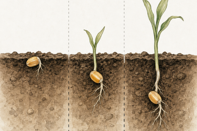 Soil cross-section showing three staggered batches of sweet corn seeds planted at increasing depths over time.