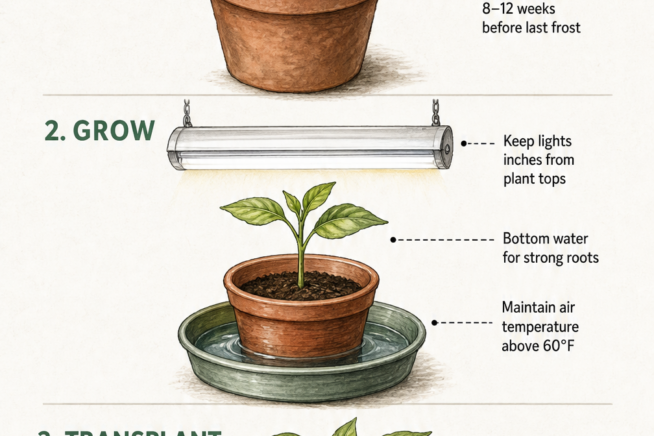 Cross-section illustration showing the three stages of starting Thai chili plants from seed to transplanting outdoors.