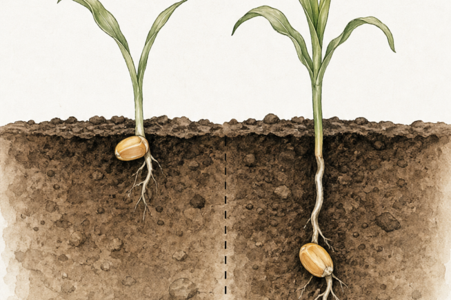 Botanical illustration showing sweet corn seeds planted at 0.5 inches deep in early spring and 1.5 inches deep in early summer.