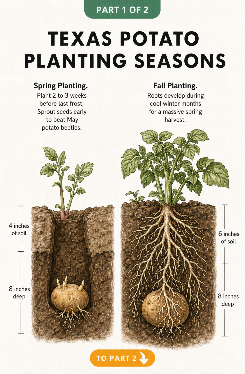 Illustration of four potato varieties suitable for Texas gardens including red-skinned, yellow-fleshed, fingerlings, and russets