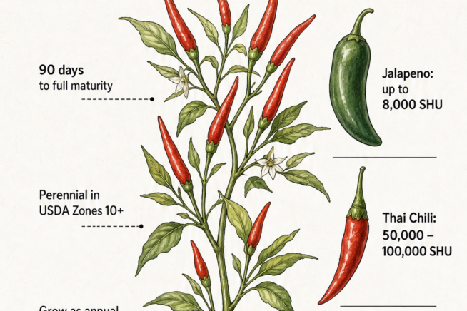 Botanical illustration of a Thai chili branch showing growth conditions and a heat comparison with a jalapeno pepper.