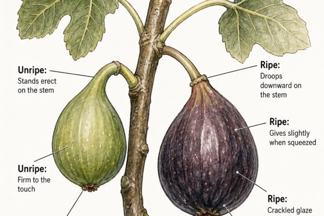 Botanical illustration comparing an unripe fig standing erect on the stem with a ripe fig drooping downward.