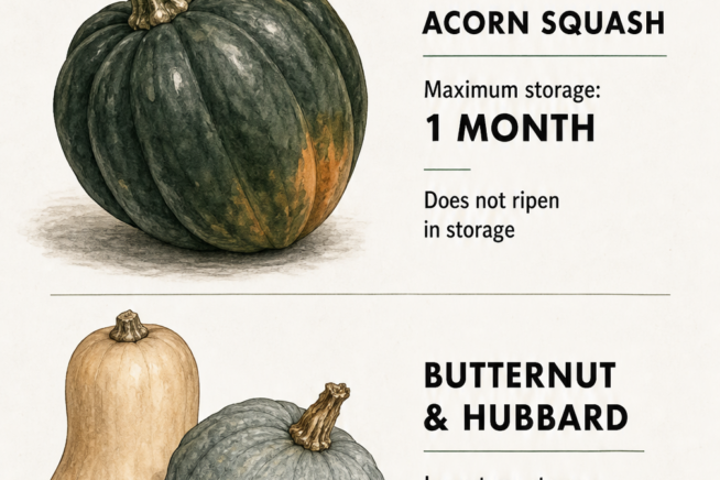 Comparison chart showing acorn squash shelf life of one month versus butternut and Hubbard squash which last three to six months.