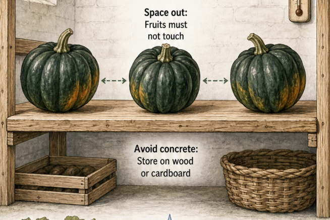Illustration of acorn squash stored on a wooden shelf in a cool, dry room with tips for proper spacing and preparation.
