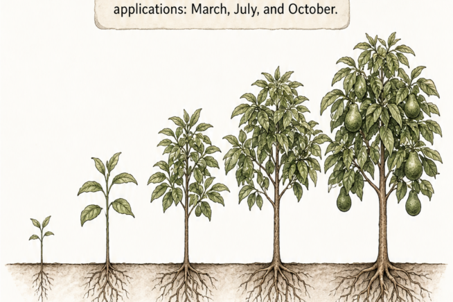 Chart showing the five-year fertilizer schedule for an avocado tree, detailing nitrogen amounts per year.